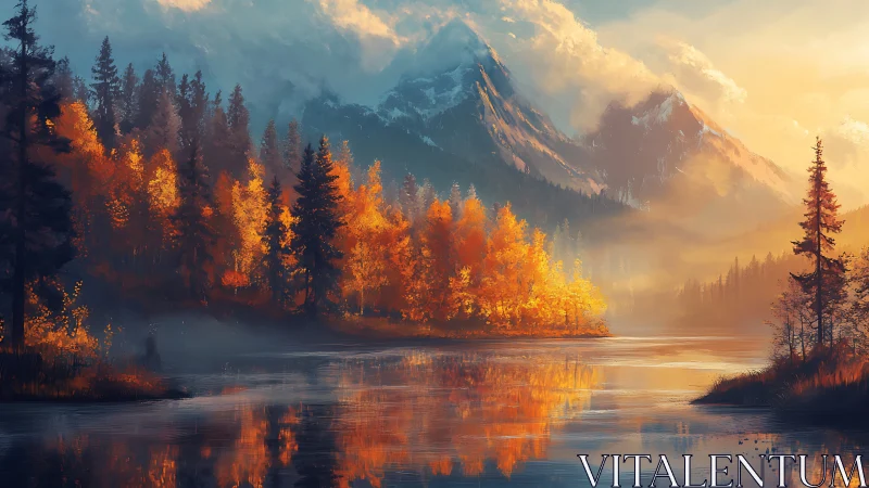 Mountain lake reflects dense autumn forest in warm light