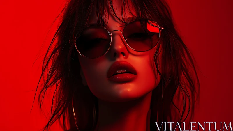 Close-up stylized woman in sunglasses under red lighting.