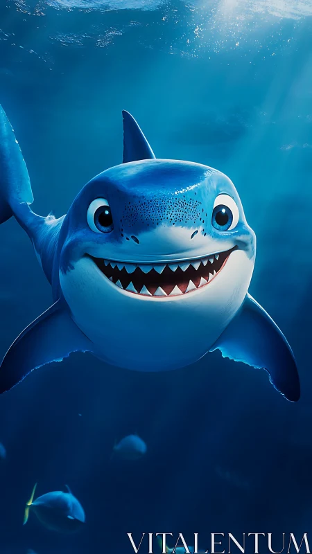 Grinning baby shark rockets through sapphire ocean glow.