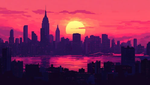 Neon sunset city skyline glowing over tranquil bay waters.