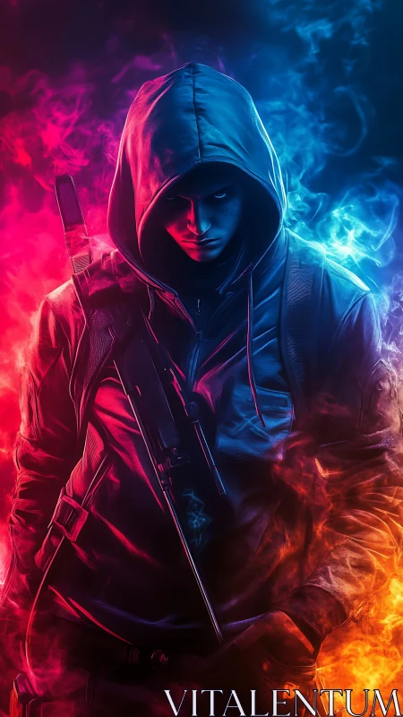 Hooded urban assassin framed by dual neon fire gradients