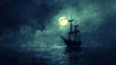 Moonlit galleon silhouette cuts through atmospheric nocturnal sea