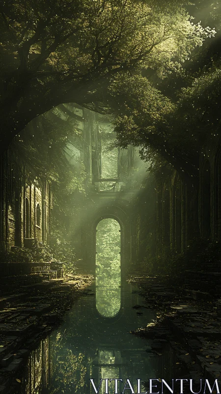 Ancient forest hall glows with misty light over still water