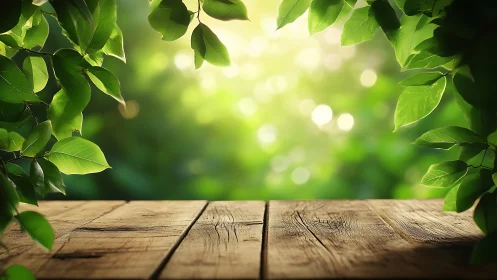 Sunlit wooden table gently rests beneath fresh green leaves