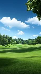 Sunlit fairway river under cartoon-bright summer clouds.