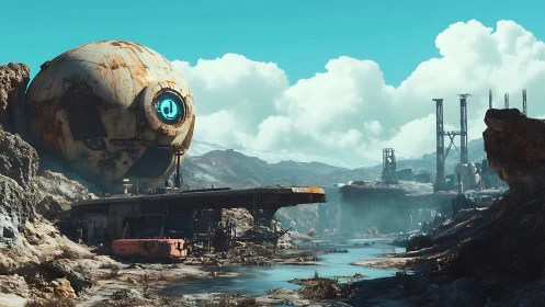 Derelict spherical scanner tower in arid sci fi valley basin