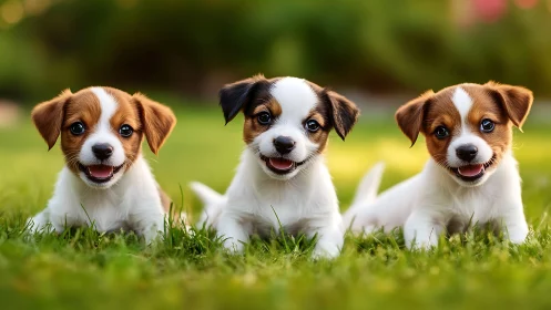 Sunny lawn brigade of tri-colored puppies on happiness patrol.