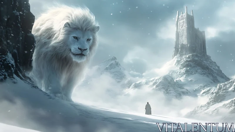 Colossal winter lion guarding a lone wanderer&rsquo;s icy ascent.