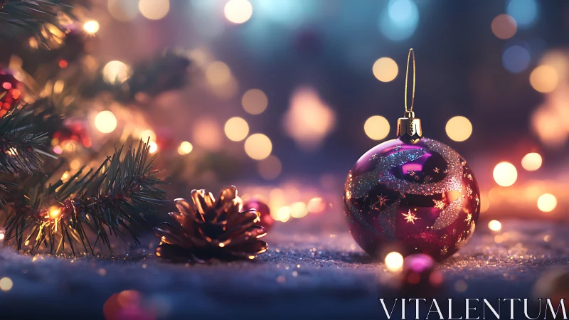 Purple glass ornament and pine branch with soft bokeh lights.