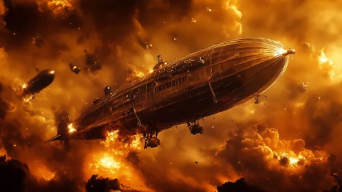 Steampunk battle zeppelin erupting through incendiary stormfront