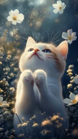 Dreaming White Cat Among Golden Flowers.