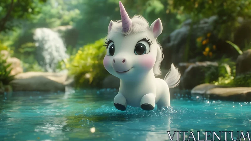 Cartoon unicorn standing in shallow forest pool water.