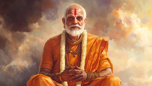 Elderly Hindu guru in saffron robes against cloudy sky.