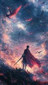 Skyfire wanderer beneath storm of burning wings.