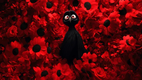 Wide eyed black bird adrift in a blazing red blossom sea.