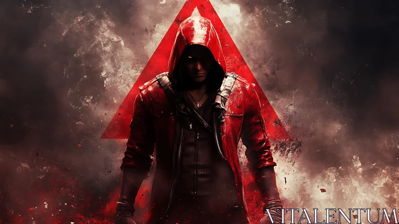 Hooded antihero in red jacket within triangular combat haze.