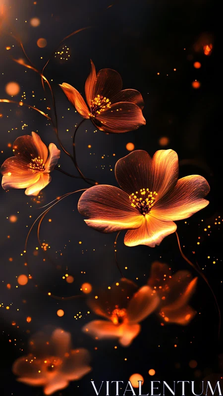 Luminous cosmos flowers with golden particle emission.