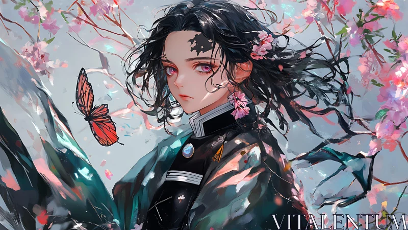 Female anime figure with butterfly and cherry blossoms.