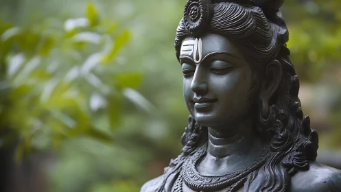 Serene bronze deity smiles softly in a lush garden hush.