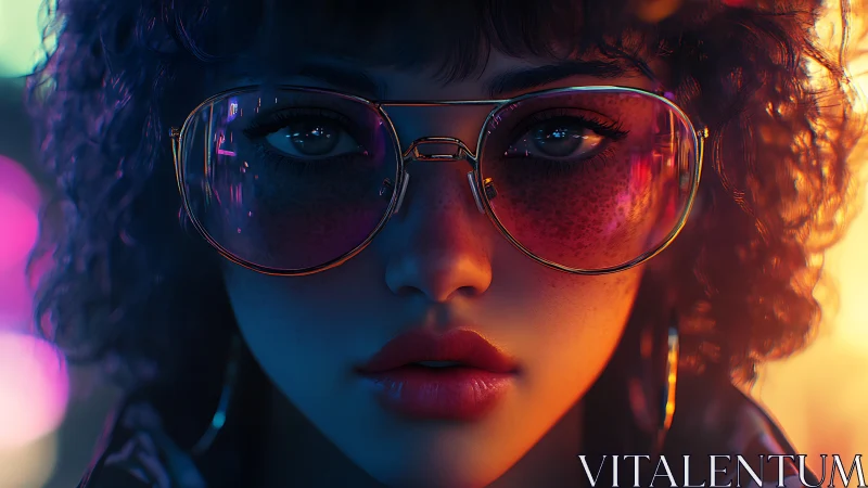 Neon lit portrait of woman with glasses at night scene.