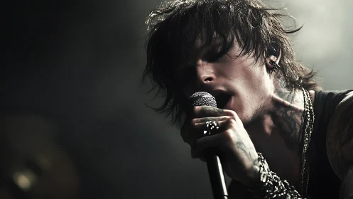 Tattooed rock singer leans into the mic under smoky stage light