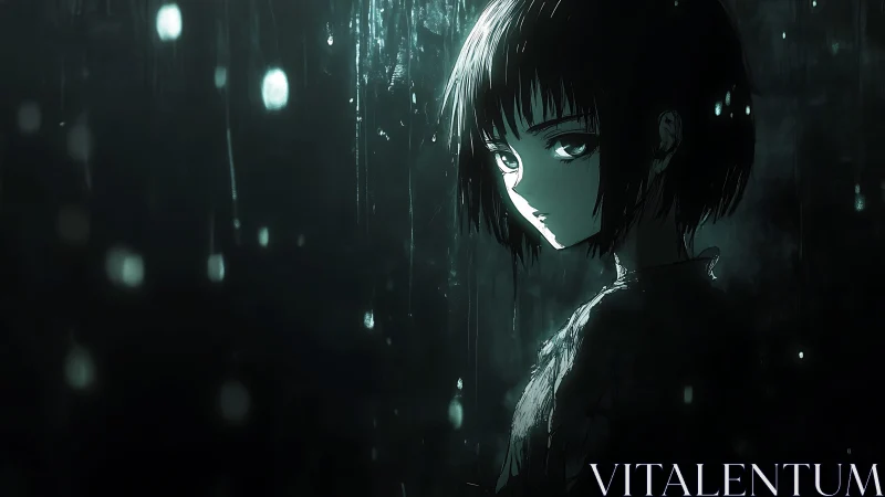 Softly lit anime girl standing in the rain at night.
