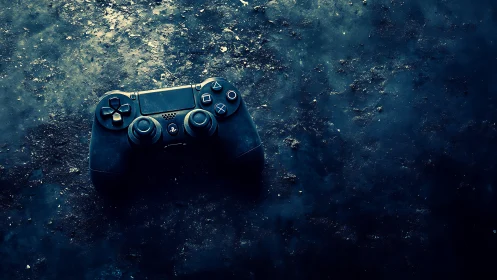 Game controller on textured dark surface under cool light.