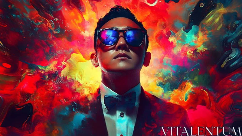 Confident man in suit emerges from explosive neon color storm