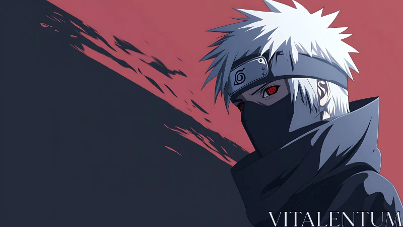 Masked silver-haired ninja portrait with stark duotone contrast