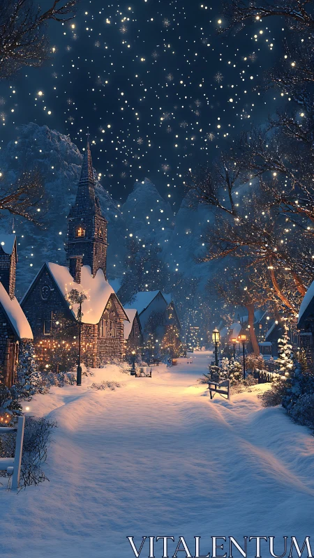 Snow covered village street under dense winter night sky.