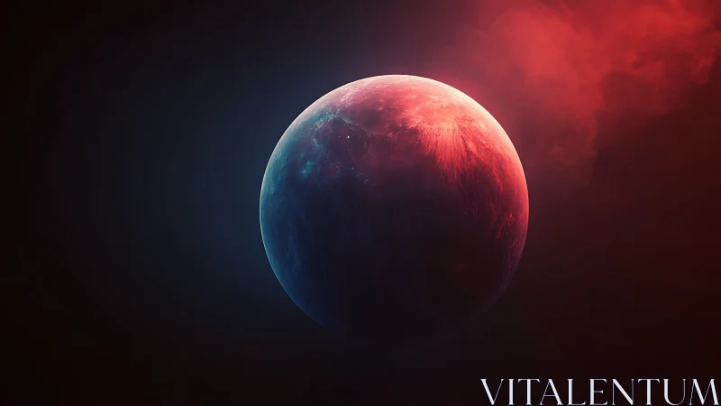 Digital painting of luminous red planet in cosmic shadow.