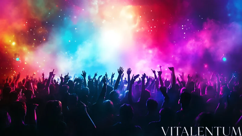Crowd raises hands under dense multicolor concert lighting