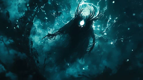 Dark spectral entity floating in glowing teal mist.