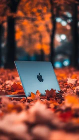 Laptop on autumn leaves with soft blurred forest background.
