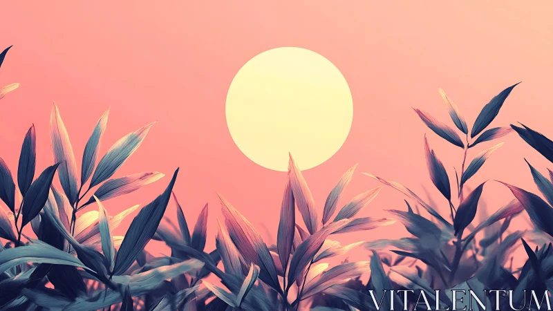 Neon dusk sun over stylized tropical foliage silhouettes.
