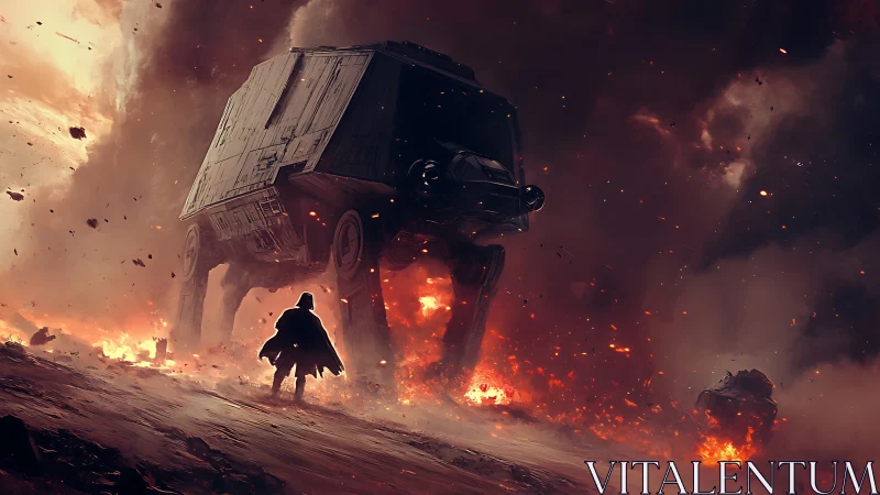 Armored quadruped walker advances through high-intensity inferno battlefield