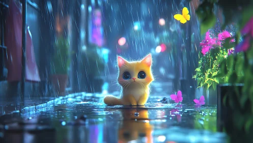 Adorable cat sits in magical rain with glowing lights and butterflies