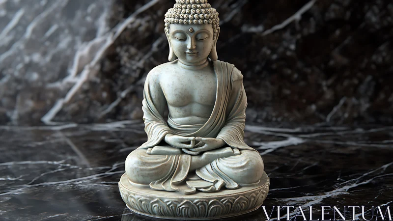 Stone Buddha statue sits on polished dark marble surface