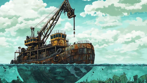 Rusting salvage ship drifts above a hidden seafloor graveyard