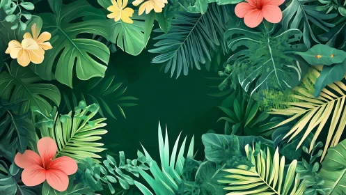 Lush tropical leaf frame with playful hibiscus blooms.