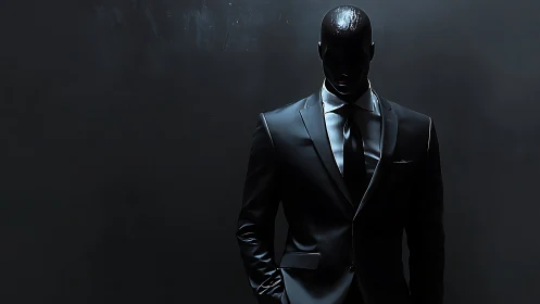 Mysterious suited figure standing in softly lit shadows.