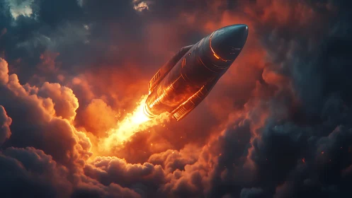 Rocket ascent carving a fiery path through storm clouds.