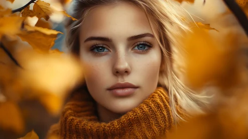 Young woman looks into camera amid blurred autumn leaves