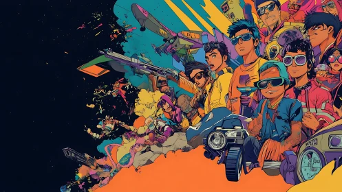 Group of stylized youths stands amid dense retro tech elements