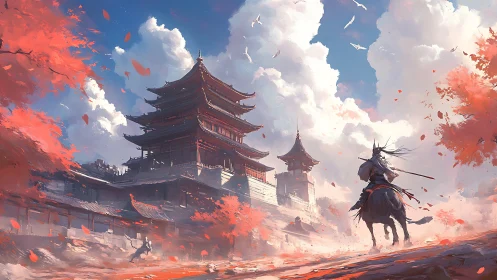 Samurai on horseback approaches tiered temple under red trees