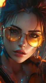 Neon-lit female portrait in hyperreal digital painting style.