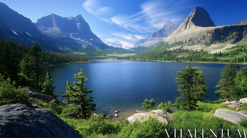 Glacial alpine lake with stratified peaks under laminar clouds.