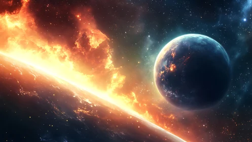 Exploding star horizon with illuminated nearby planet in space.