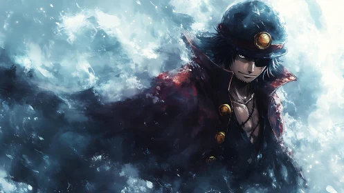 Storm-swept pirate captain emerging from swirling mist.