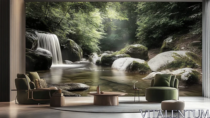 Immersive waterfall mural enhancing serene modern lounge.